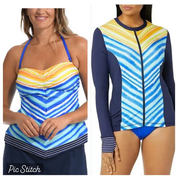 24th & Ocean Retro Bandeaukini, bottoms and Rashguard with Zipper Set S NWT - Picture 1 of 11